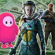 A Fall Guy bean, Returnal's Selene Vassos, and a character from Back 4 Blood stand on top of a pile of money.